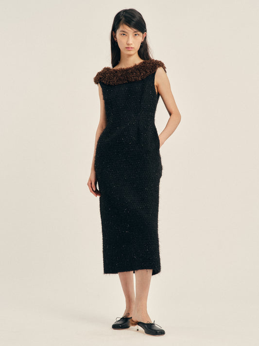 Faux Fur Detail Portrait Bustle Dress