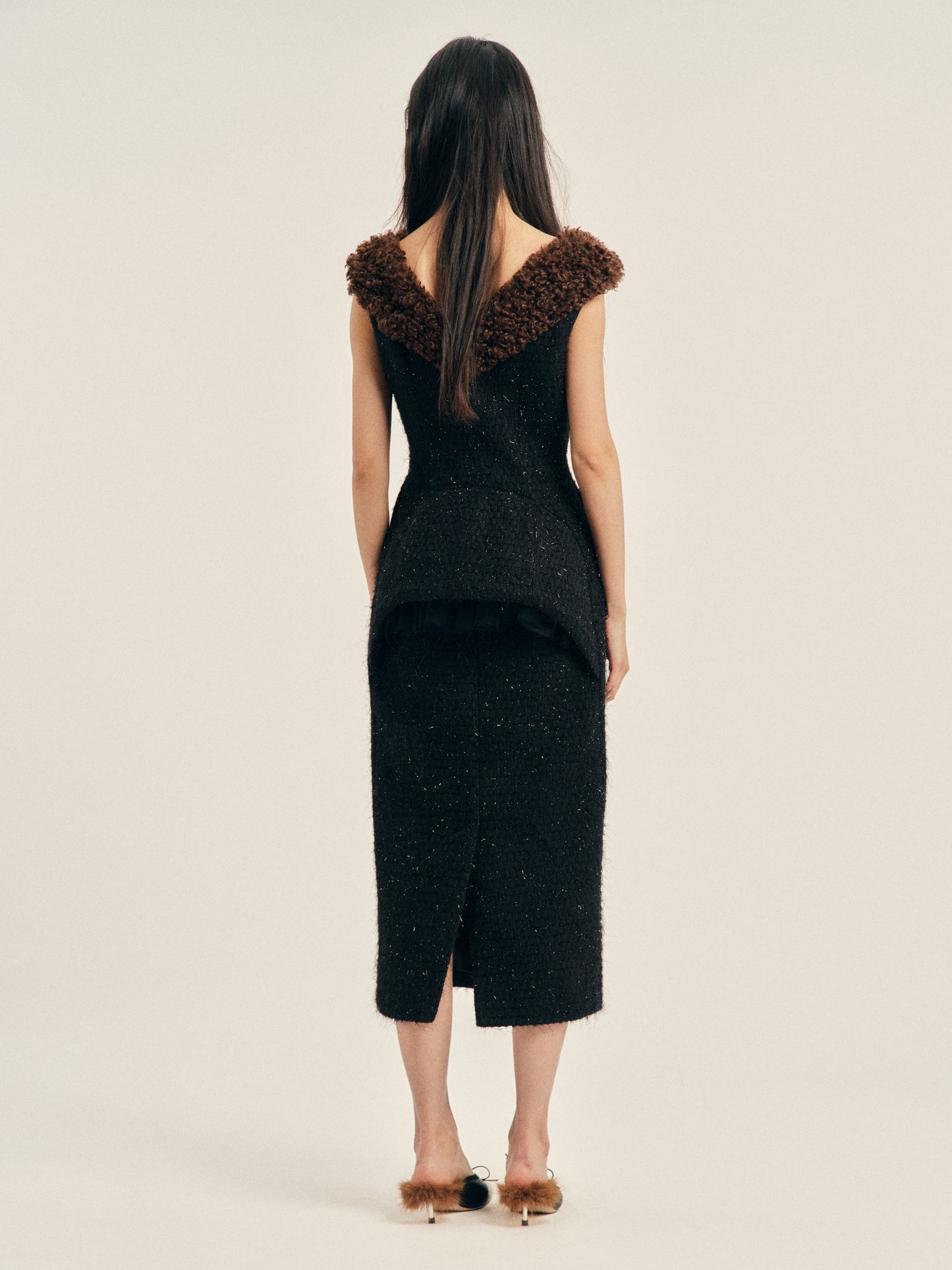 Faux Fur Detail Portrait Bustle Dress