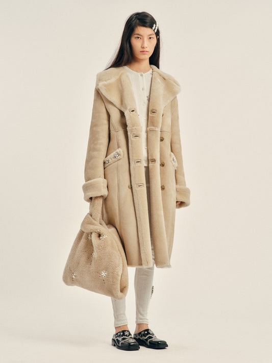 Embellished Double Breasted Sheepskin Slash Coat