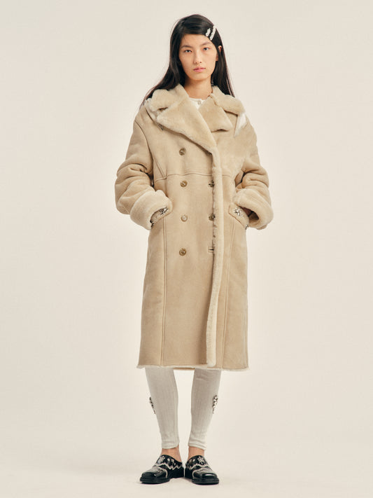 Embellished Double Breasted Sheepskin Slash Coat