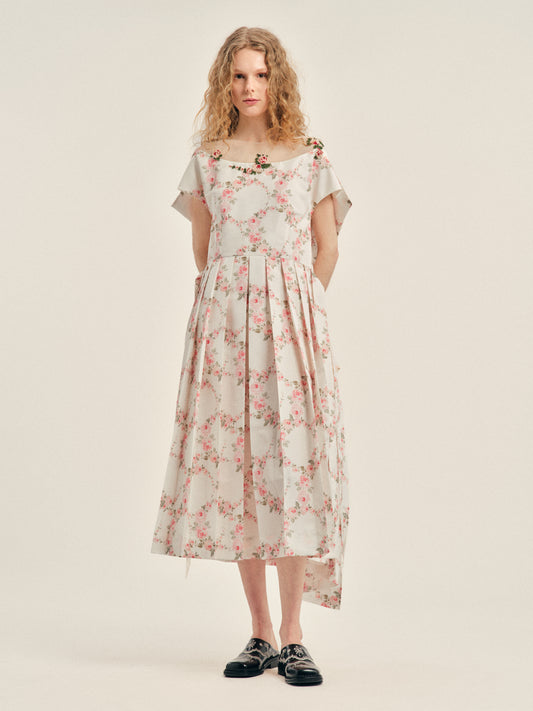 Embellished Pleated Sheer Back Panel Flare Dress