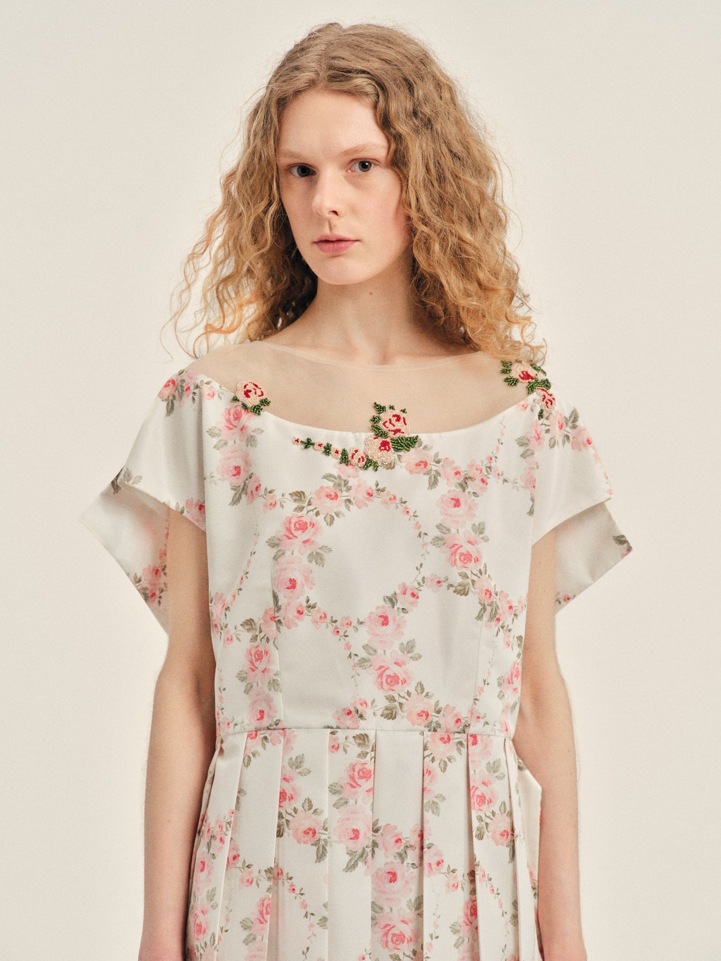 Embellished Pleated Sheer Back Panel Flare Dress