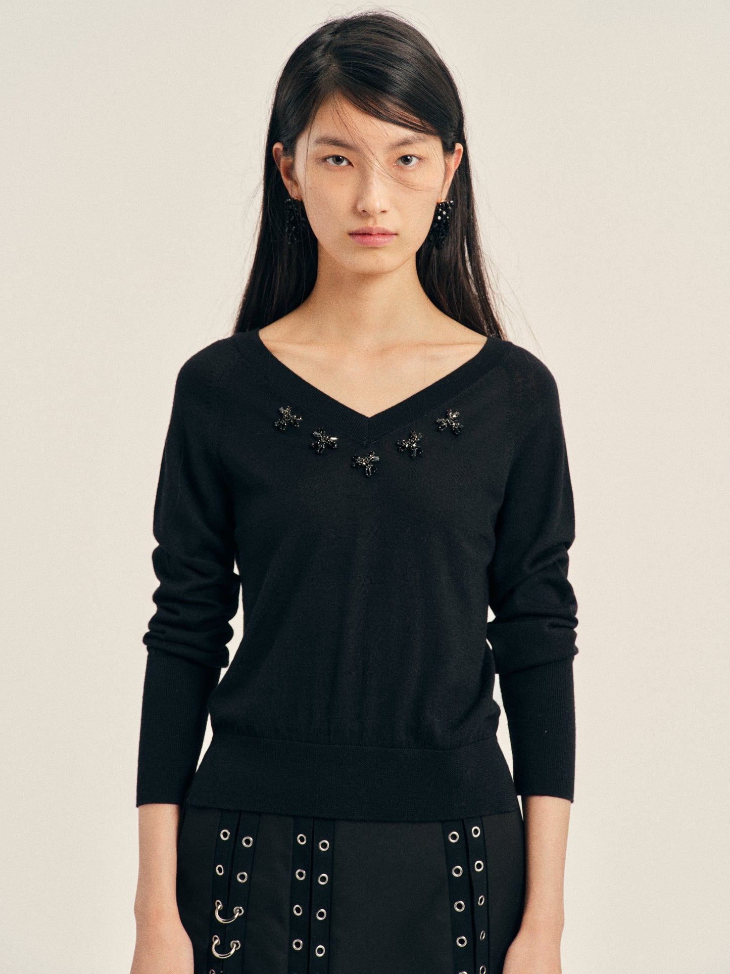 Turbo Embellished Merino Silk Double V-Neck Jumper