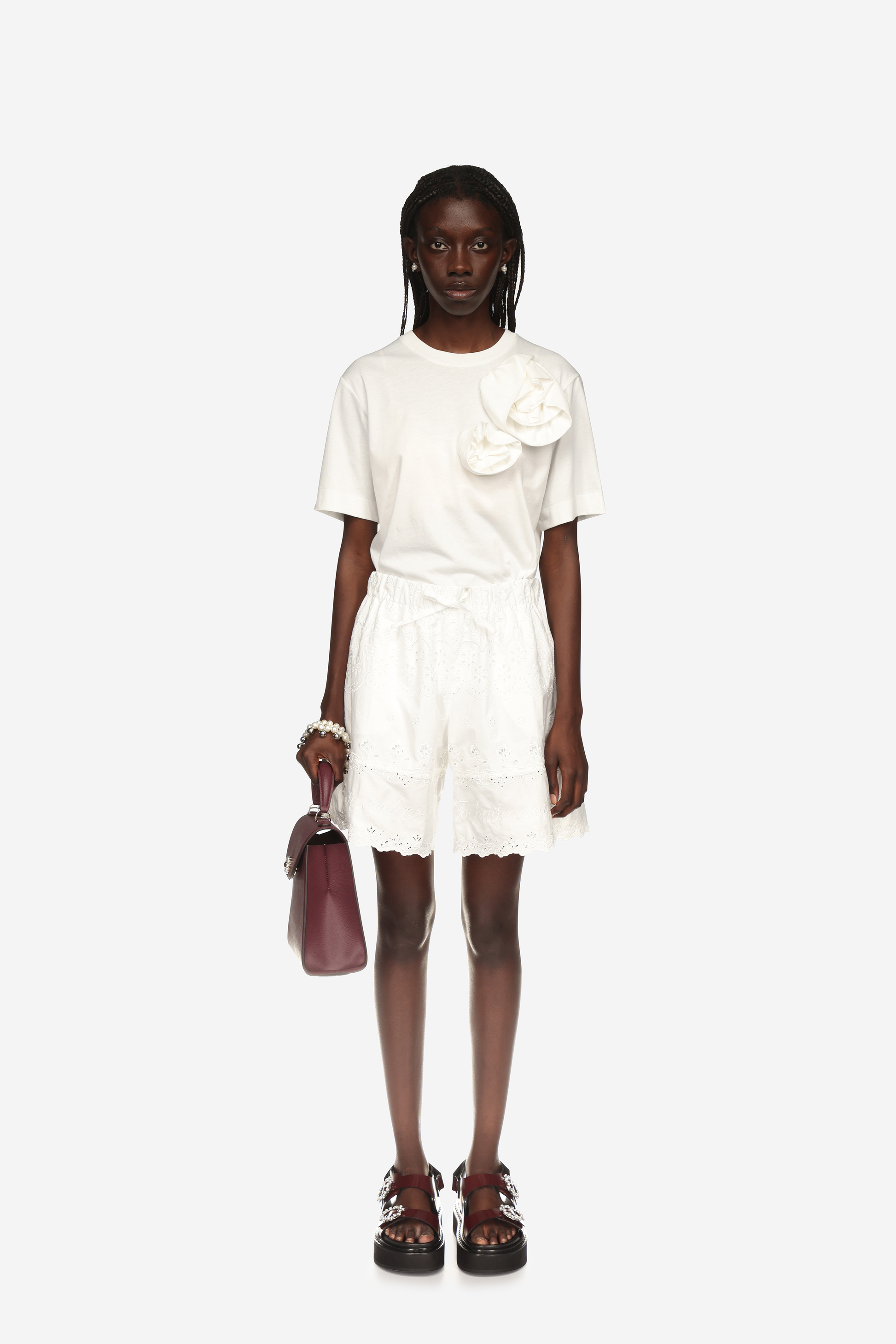 White online drawstring shorts