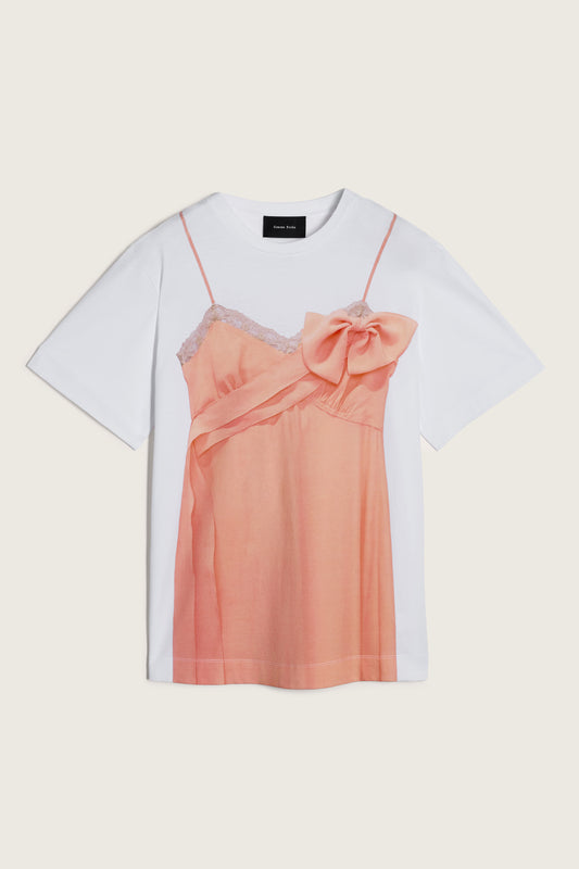 Bow Sash Slip Dress Trompe L'Oeil Print T-Shirt