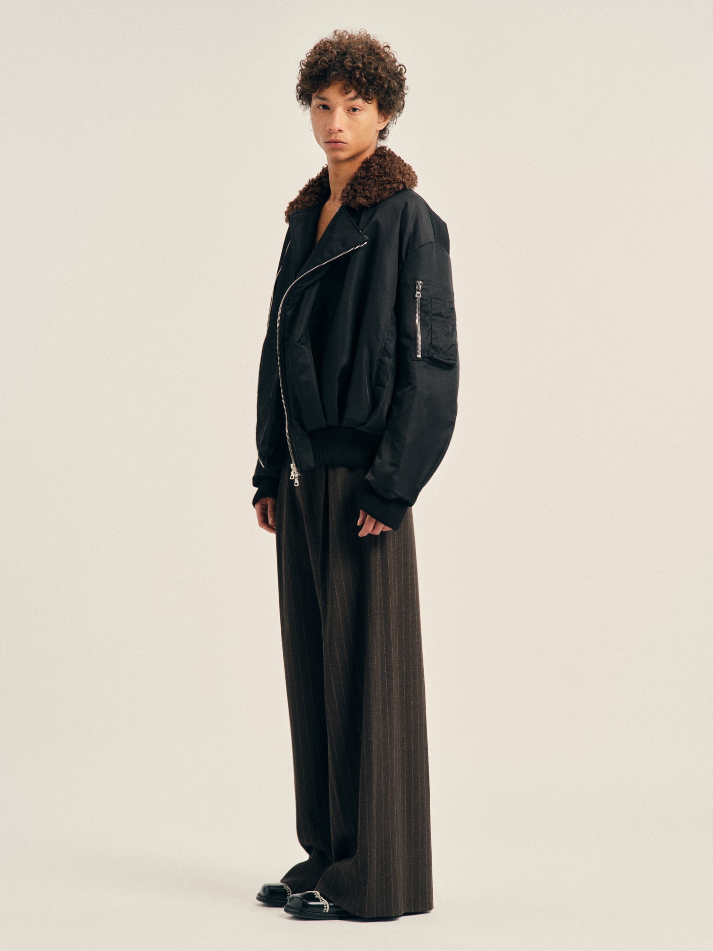 Draped Faux Fur Detail Side Zip Bomber Jacket