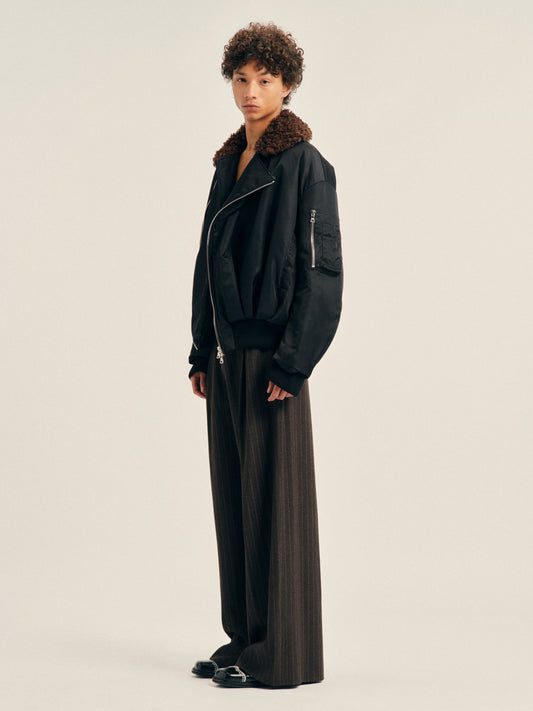 Draped Faux Fur Detail Side Zip Bomber Jacket