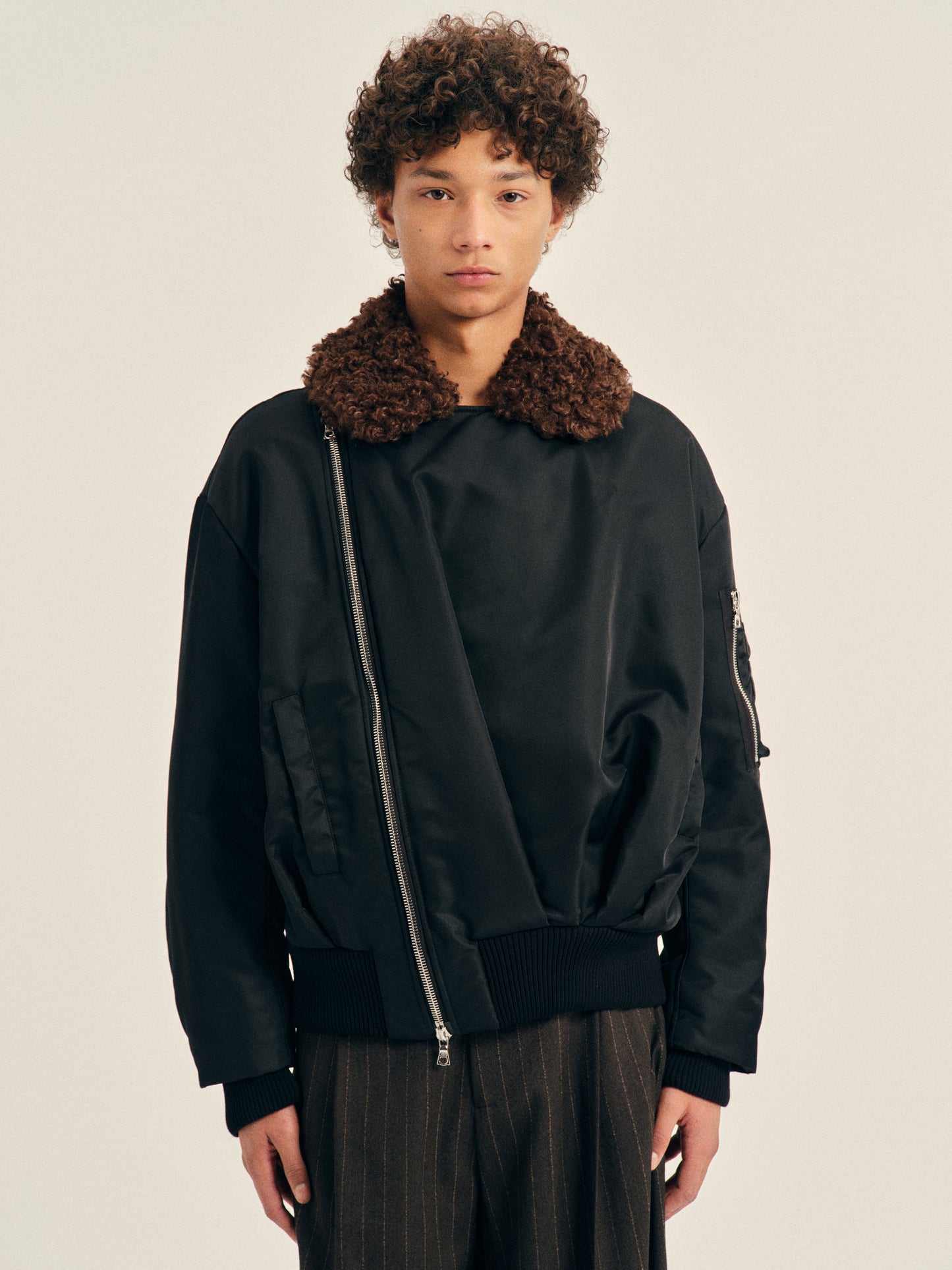 Draped Faux Fur Detail Side Zip Bomber Jacket