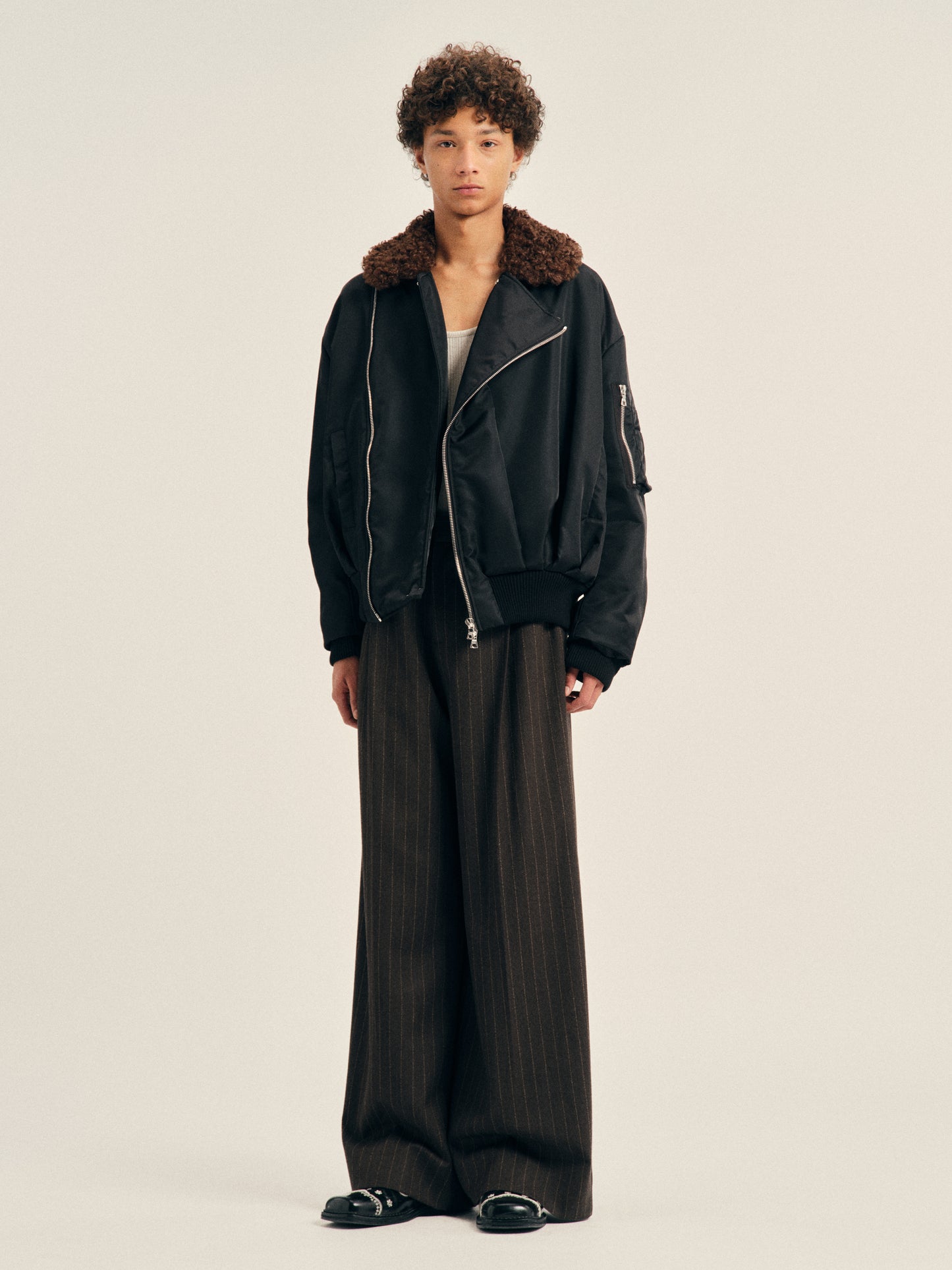 Draped Faux Fur Detail Side Zip Bomber Jacket