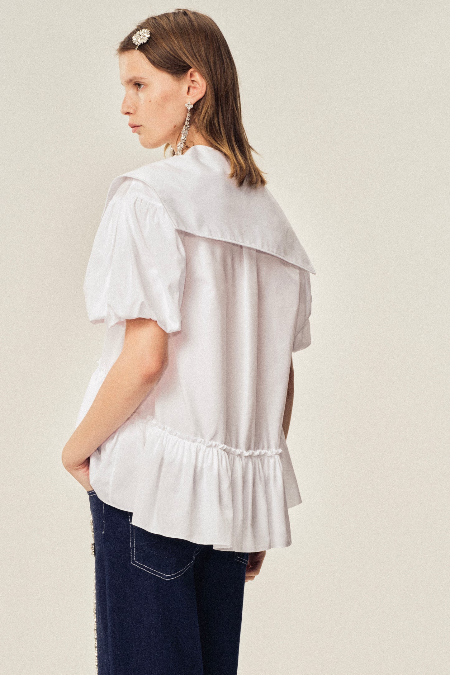 Cropped Sailor Collar Puff Sleeve Shirt