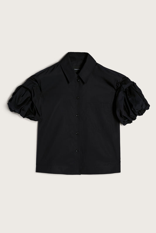 Cropped Bow Puff Sleeve Shirt