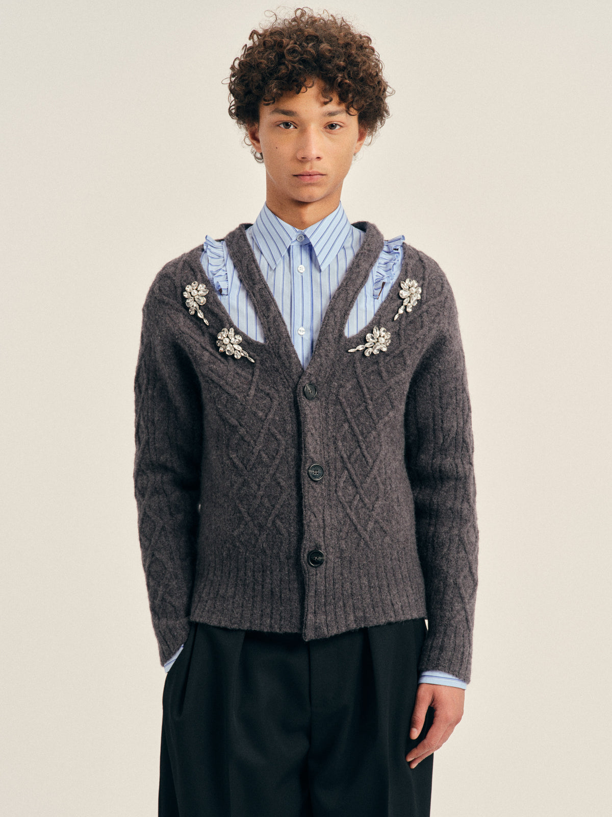 Embellished Cable Knit Slash Cardigan