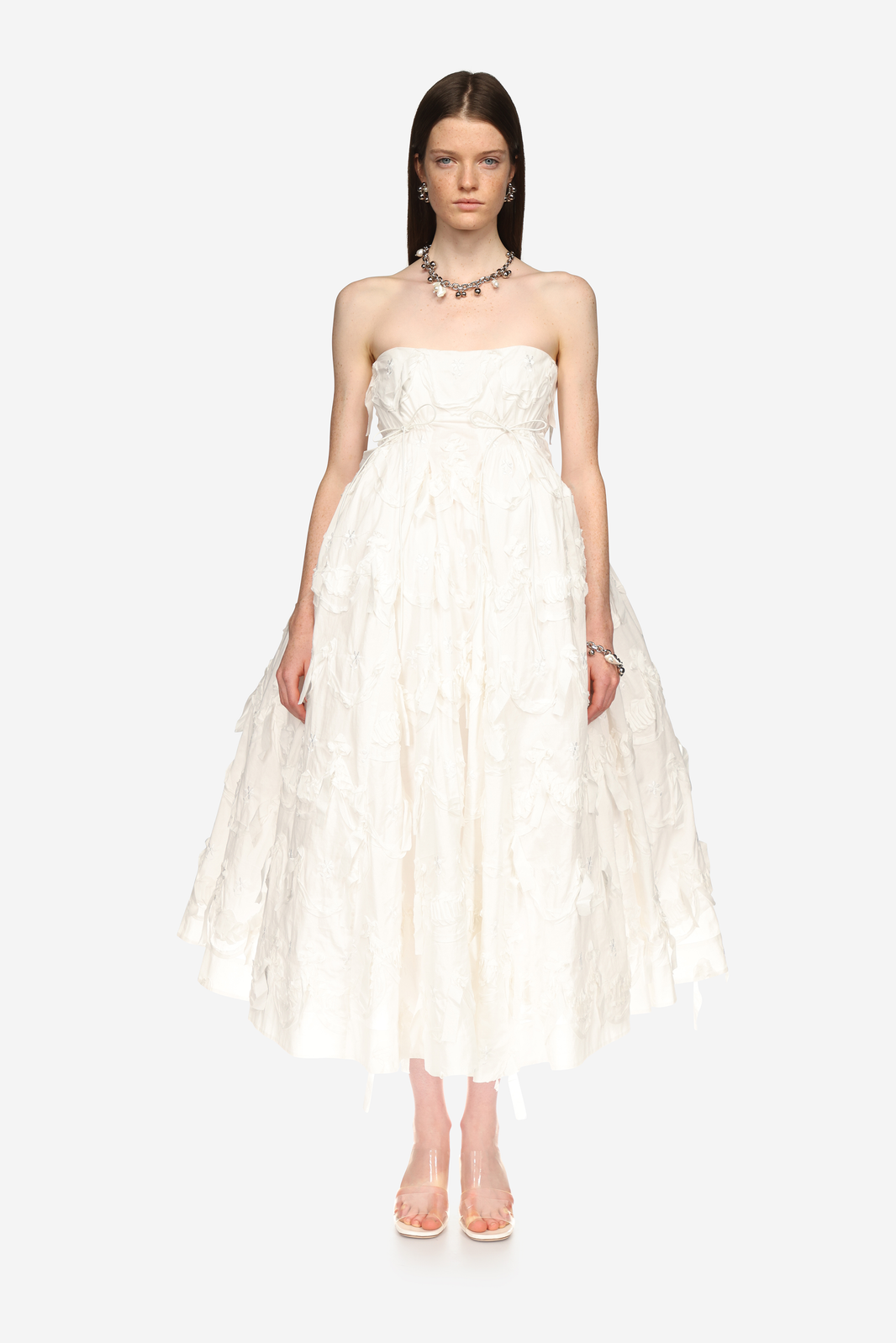 Simone Rocha Pressed Rosette Tapered Back Flounce Dress in White