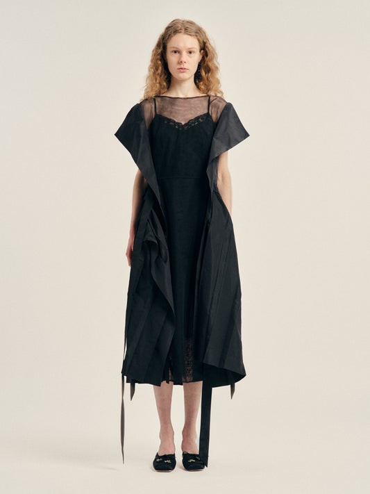 Pleated Sheer Panel Flare Dress