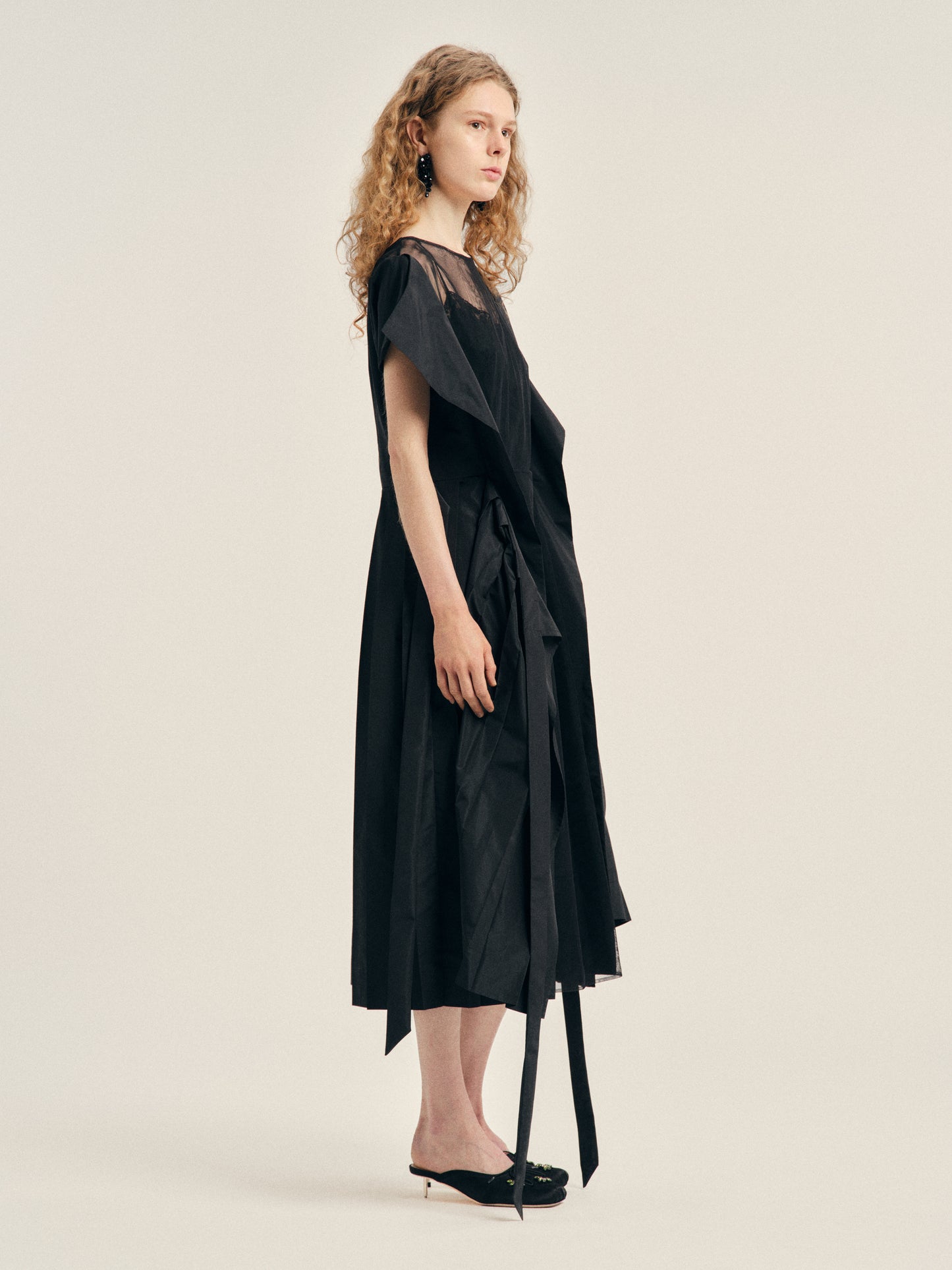 Pleated Sheer Panel Flare Dress