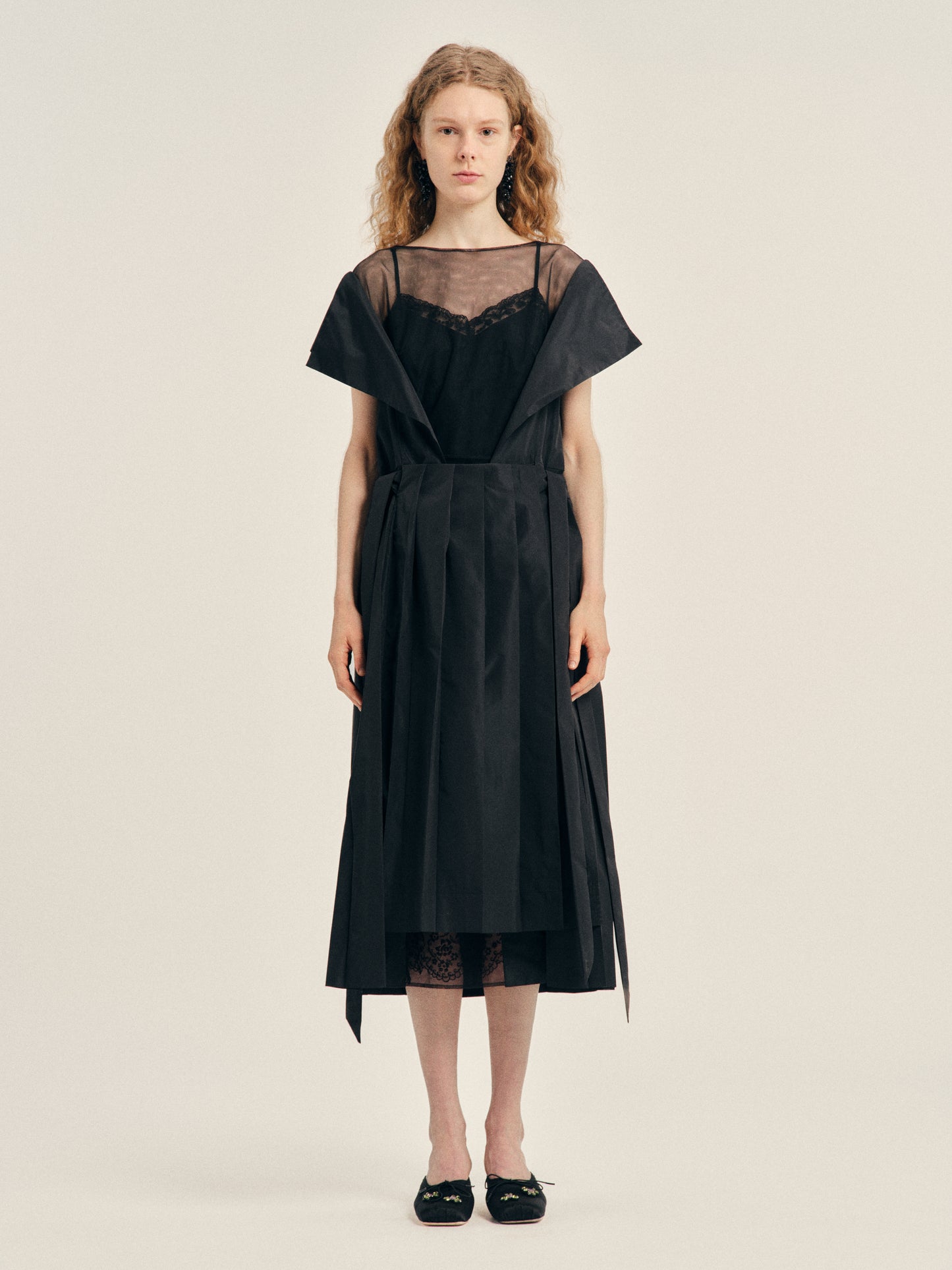 Pleated Sheer Panel Flare Dress