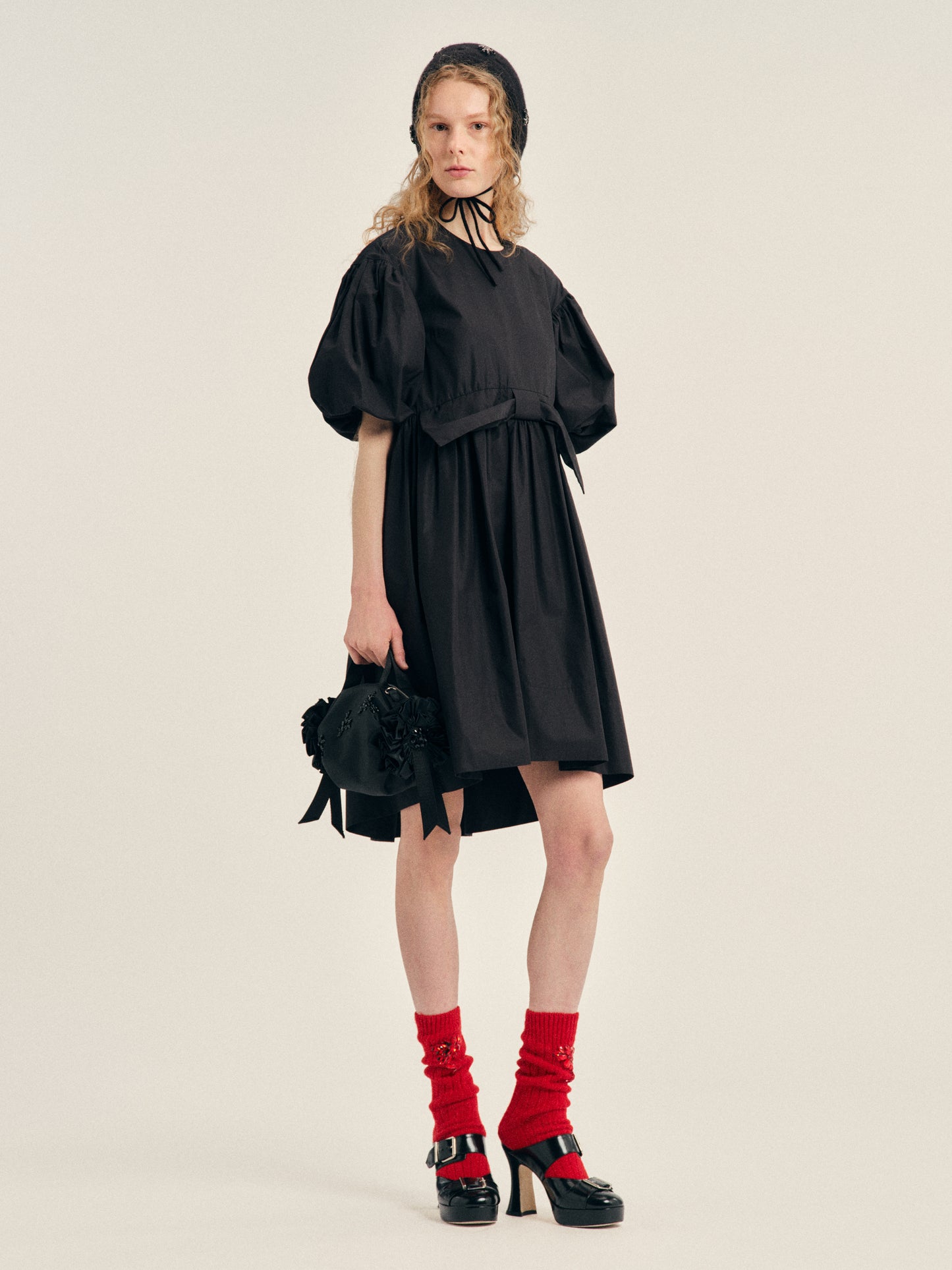 Puff Sleeve Gathered Bow Smock Dress