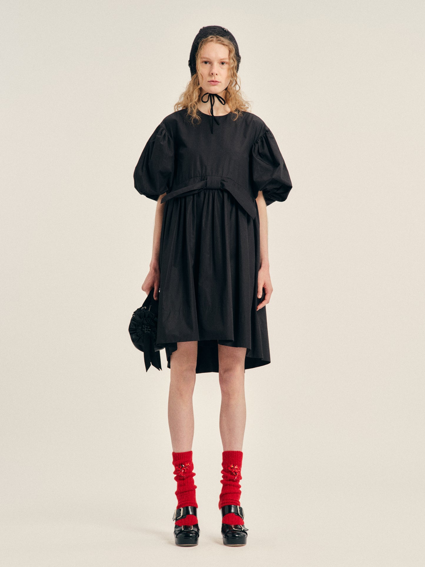 Puff Sleeve Gathered Bow Smock Dress