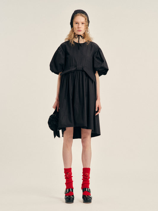 Puff Sleeve Gathered Bow Smock Dress
