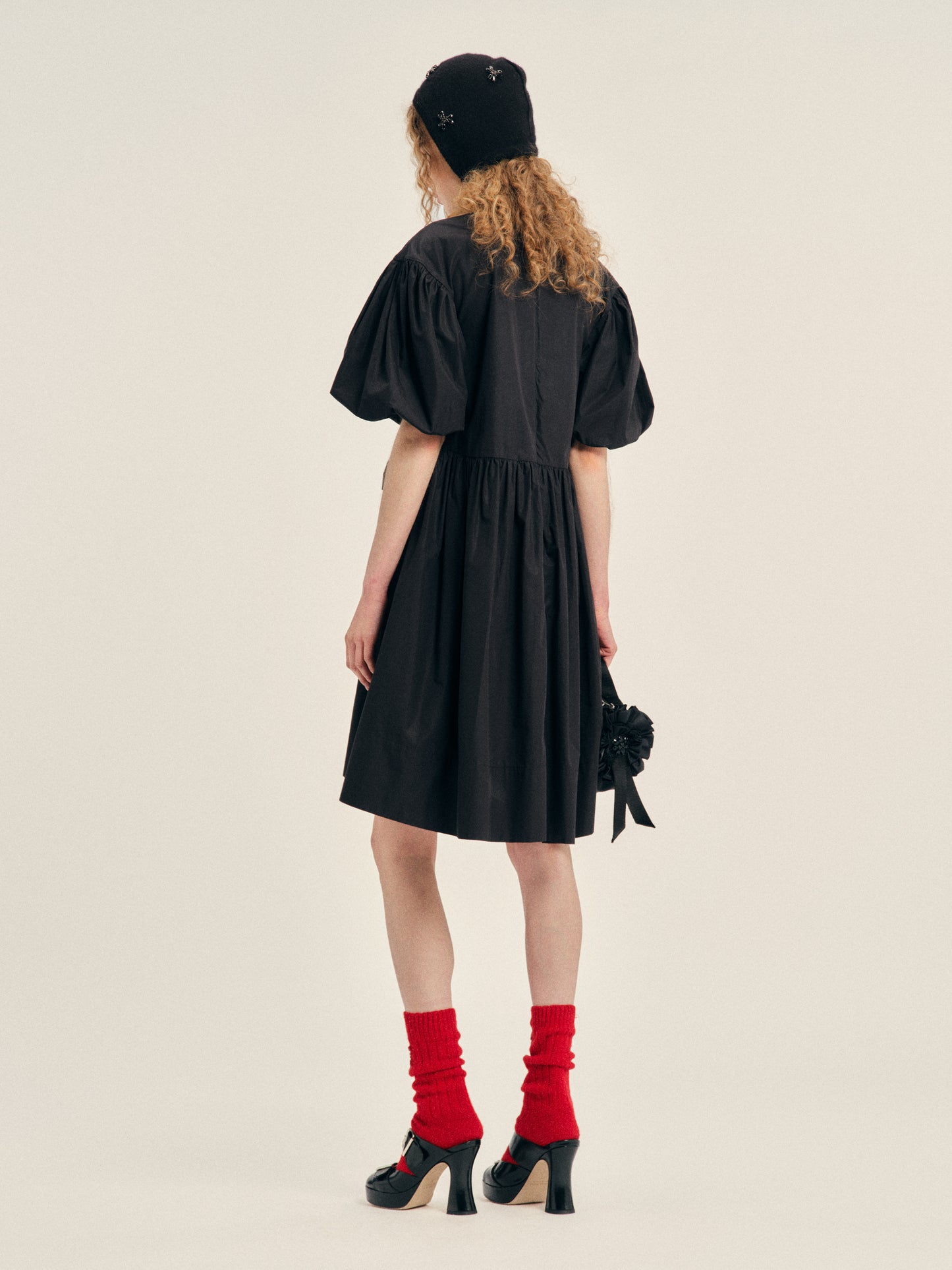 Puff Sleeve Gathered Bow Smock Dress