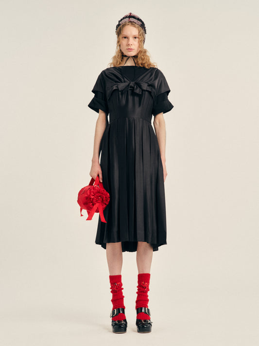 Pleated Patchwork Wire Sleeve Flare Dress