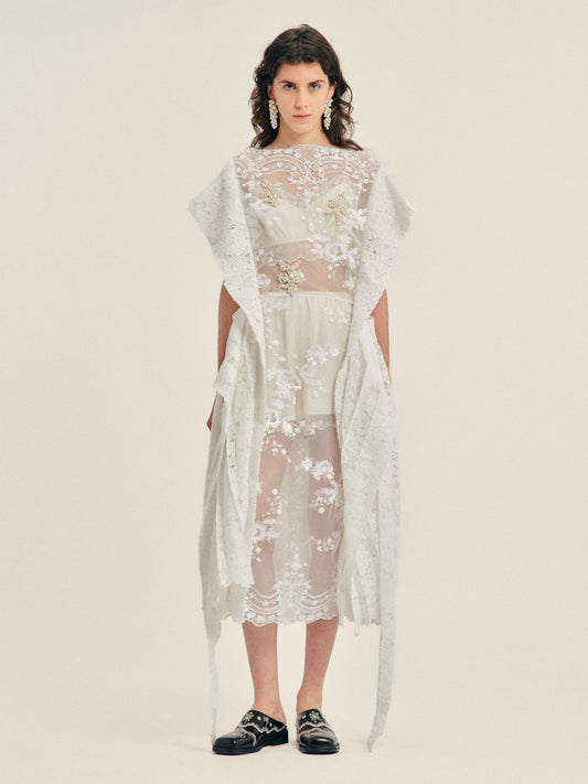 Embellished Pleated Sheer Panel Flare Dress