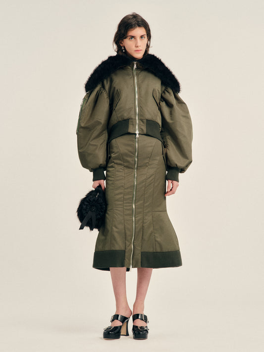 Cropped Split Faux Fur Hood Bomber Jacket