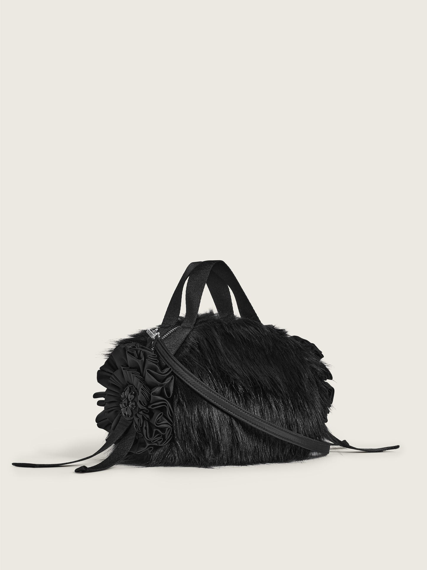 Embellished Mini Faux Fur Double Ribbon Rosette Bag
