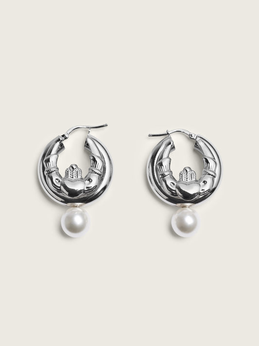 Stacked Claddagh & Pearl Hoop Earrings