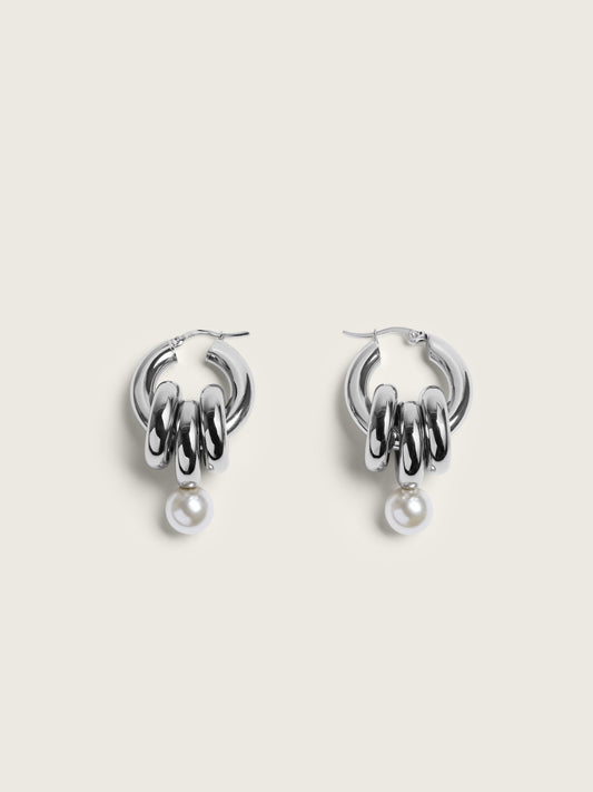 Stacked Link Pearl Hoop Earrings