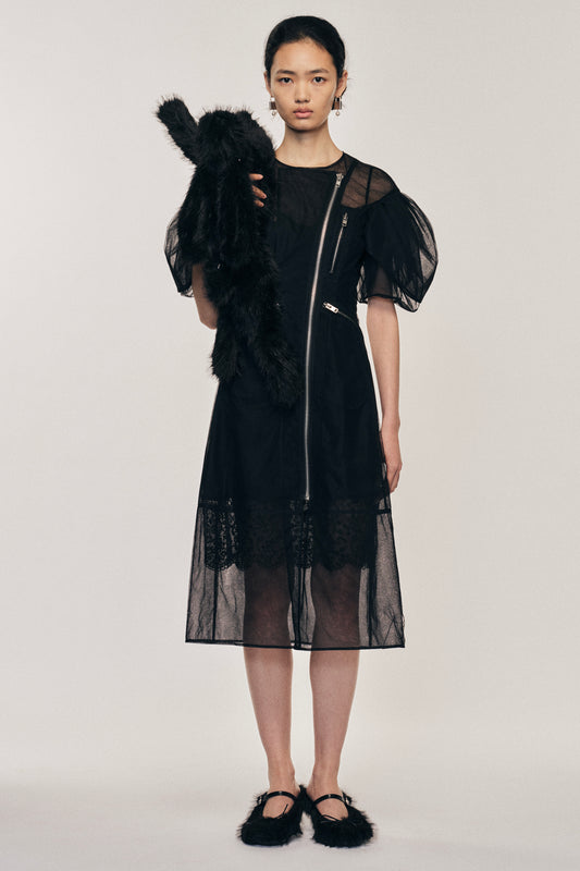 Sheer Sculpted Petal Sleeve Biker Dress
