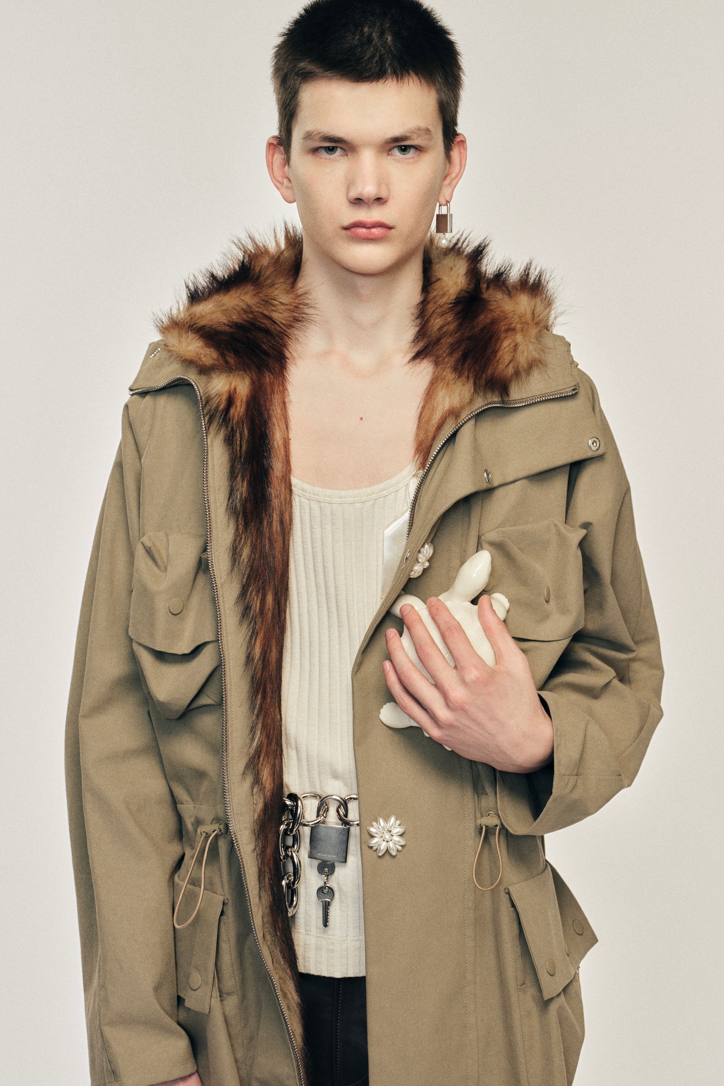 Multi Pocket Faux Fur Lined Parka Coat