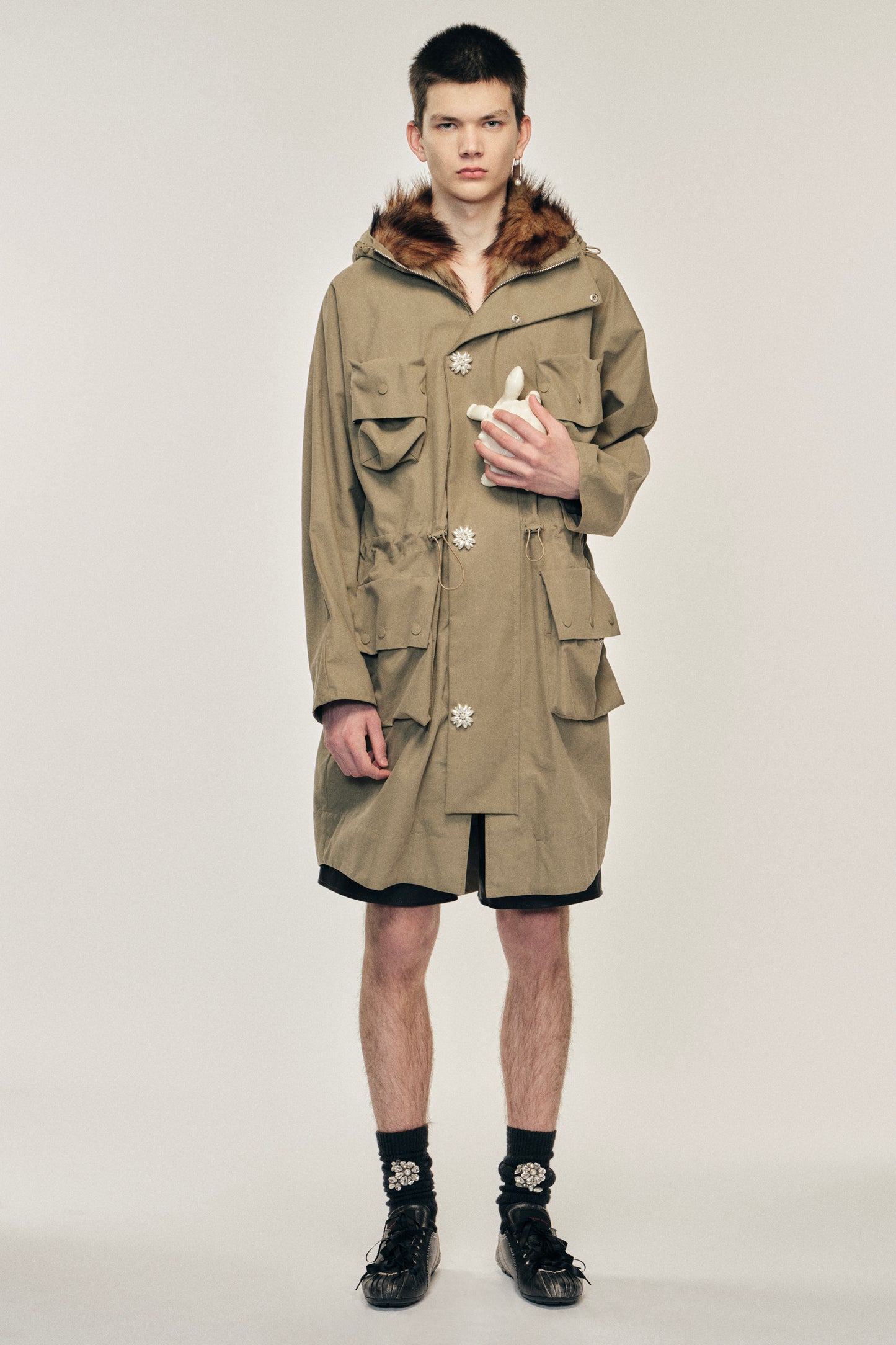 Multi Pocket Faux Fur Lined Parka Coat