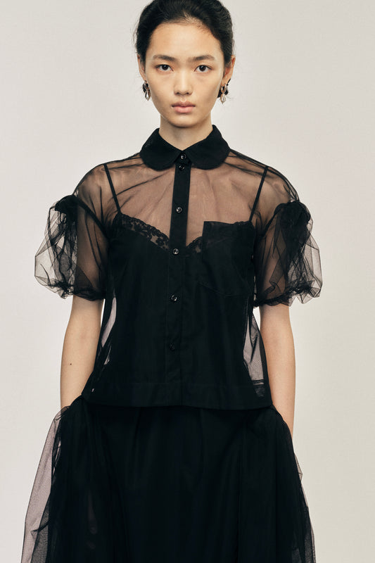 Sheer Cropped Bow Puff Sleeve Shirt