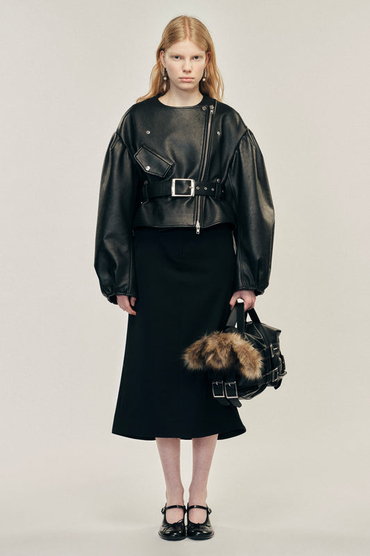 Cropped Sculpted Belt Detail Biker Jacket