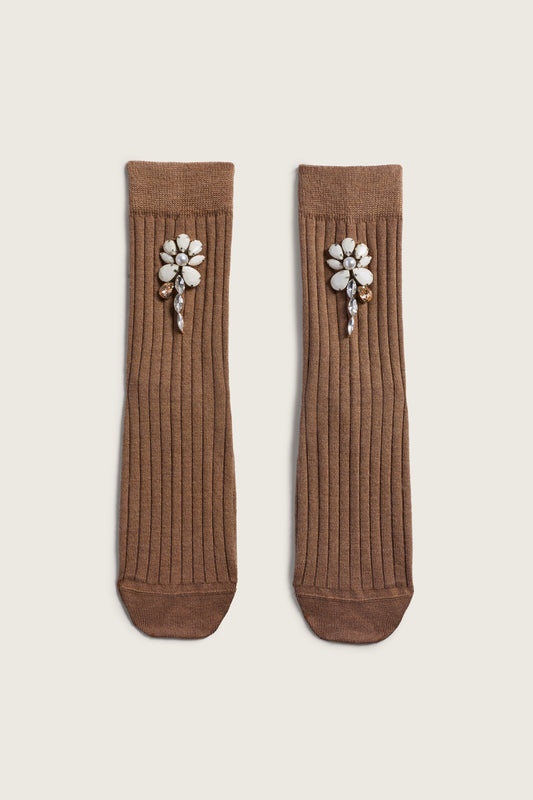 Poppy Crystal Flower Ribbed Ankle Socks