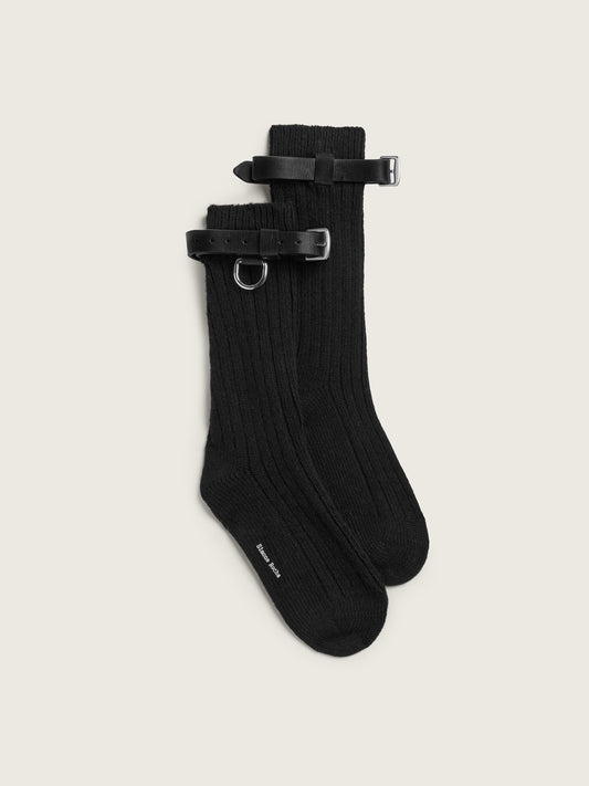 Chunky Wool Leather Strap Ankle Socks