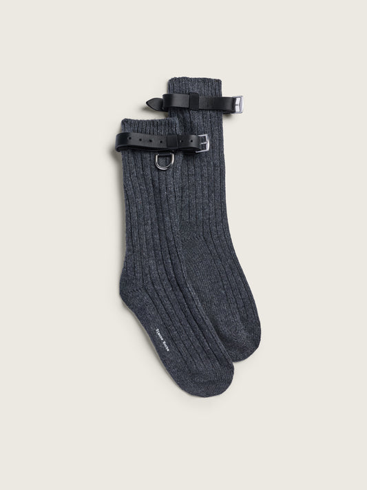 Chunky Wool Leather Strap Ankle Socks