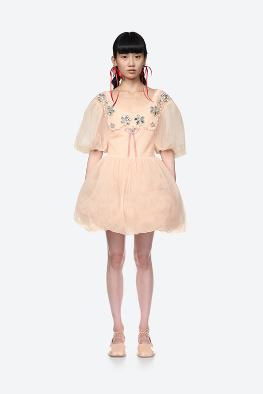 Scoop Neck Puff Sleeve Tutu Mini Dress With Embellished